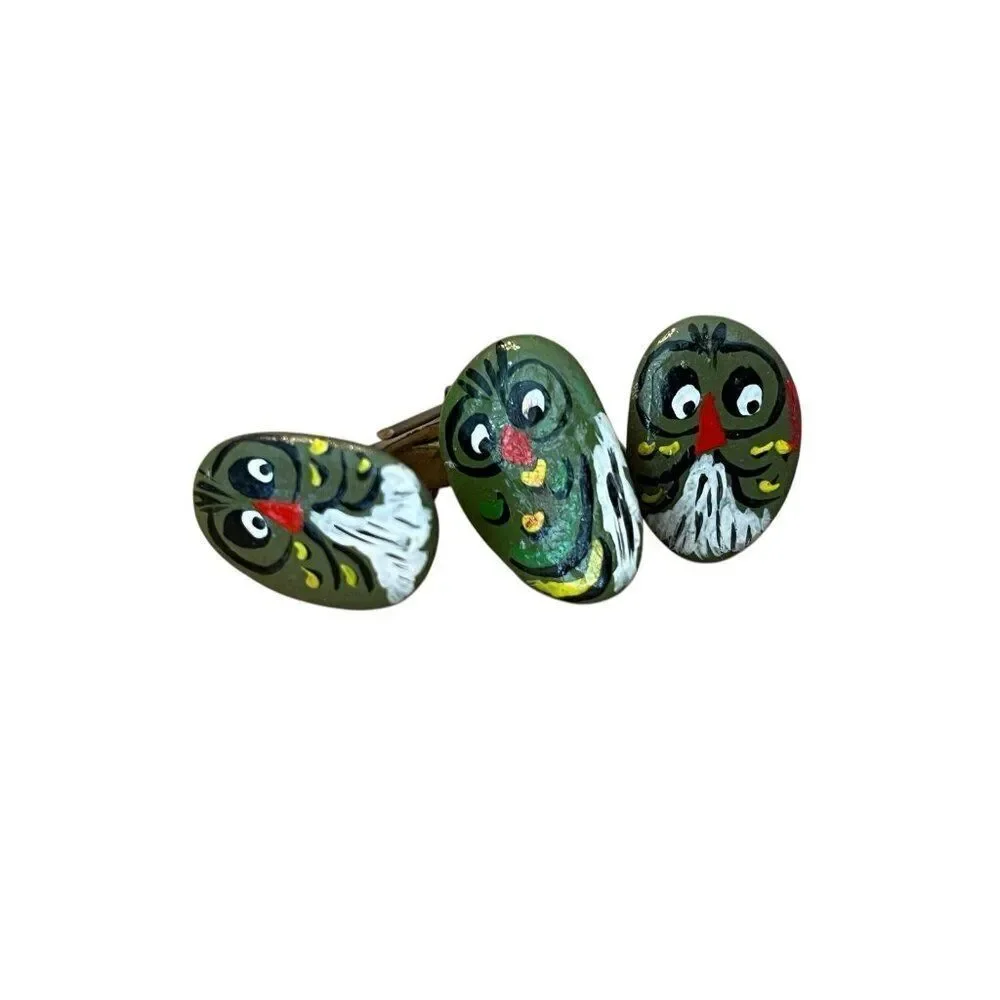 Vtg Hand Painted Owl Cuff Links Tie Pin and Metal Money Clip Set Lot